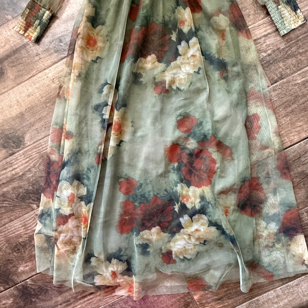 Baltic Born Layla Tulle Maxi Dress Women M Olive Rust NWT Floral Smocked V-Neck - Picture 12 of 15